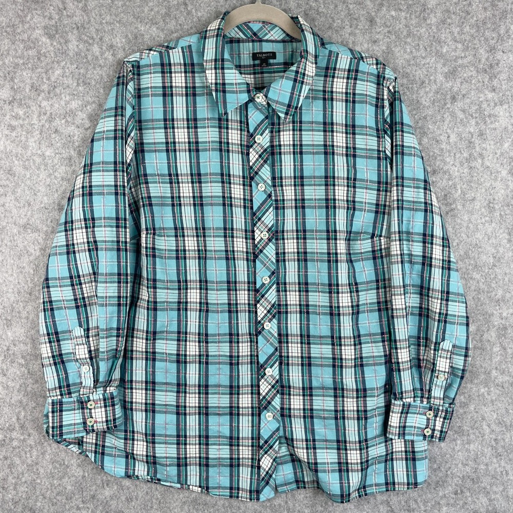 Talbots Top Womens 2X Blue Festive Plaid Metallic Button Up Long Sleeve Casual
